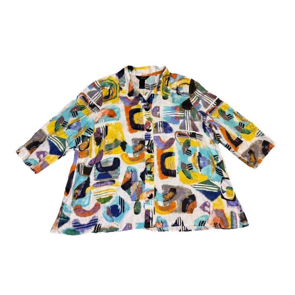 ALI MILES Button Front Tunic Top Artsy Art To Wear Rainbow Colorful Preppy 1X